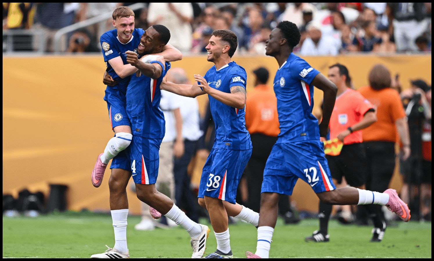 Cole Palmer celebrates with Tosin Adarabioyo, Marc Guiu and Tyrique George.