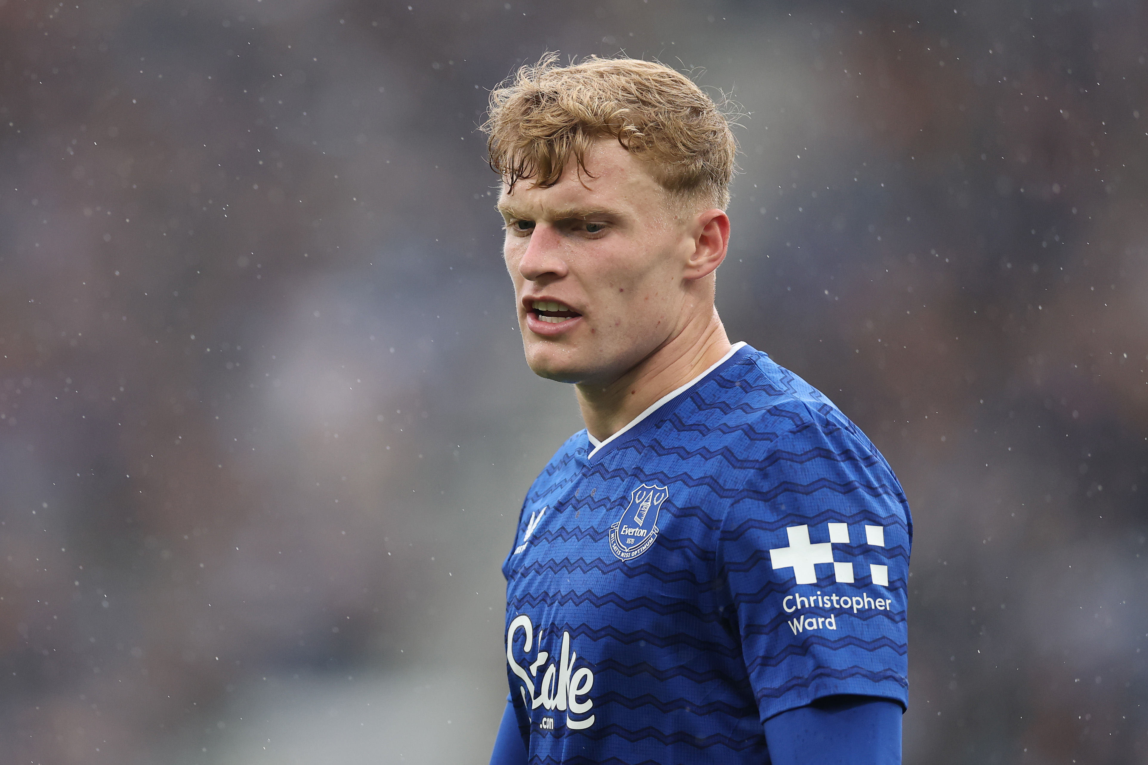 Jarrad Branthwaite in action for Everton vs Roma. 