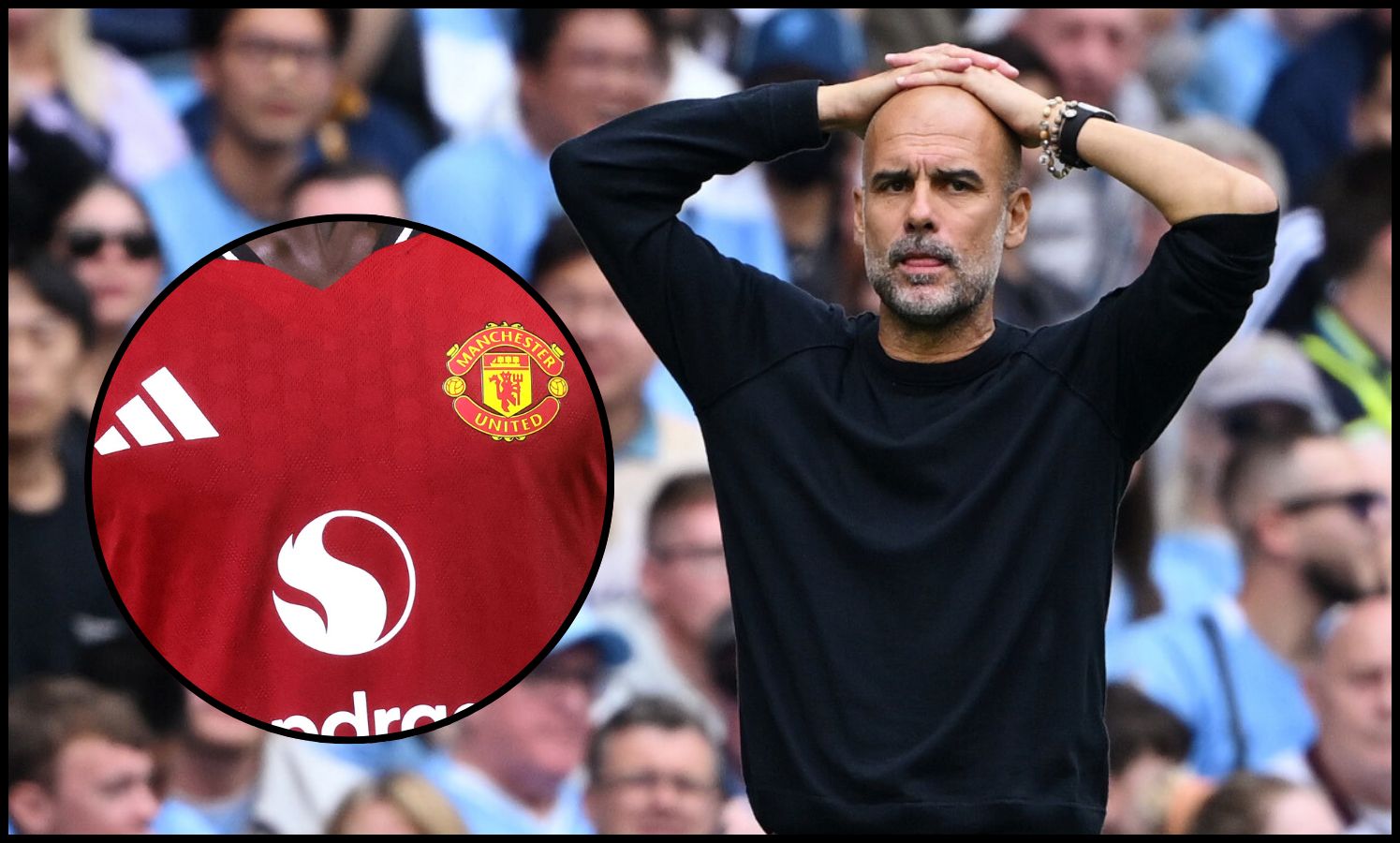 Pep Guardiola has his hands on his head next to picture of Manchester United shirt.