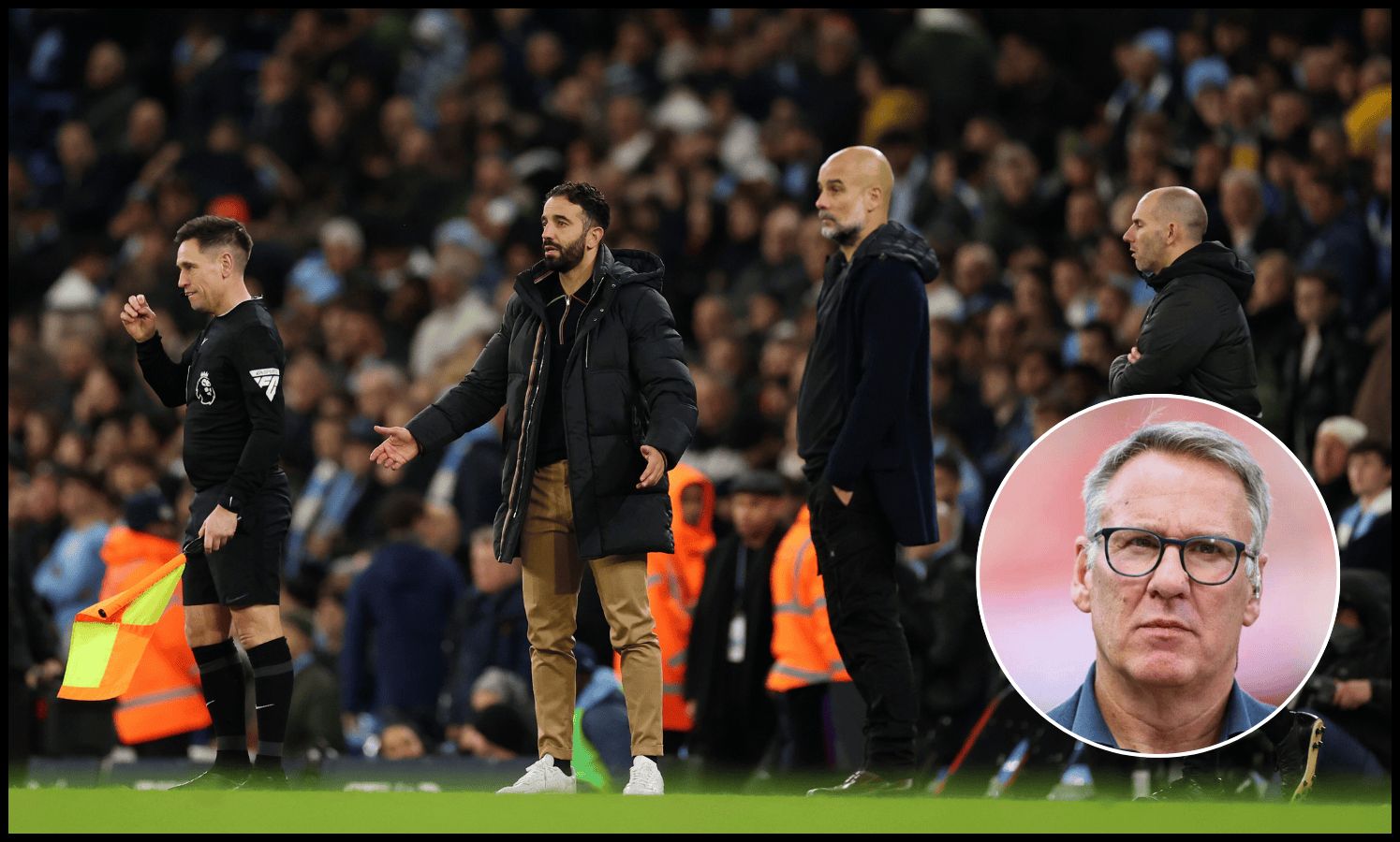 Pep Guardiola and Ruben Amorim watch on from the touchline in the Manchester derby.