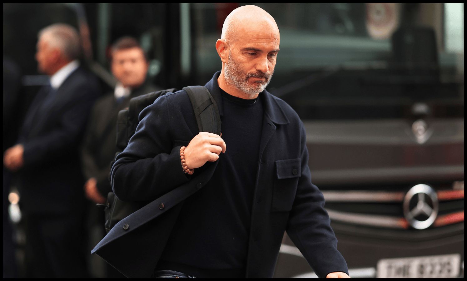 Enzo Maresca arrives at the Gtech Community Stadium.