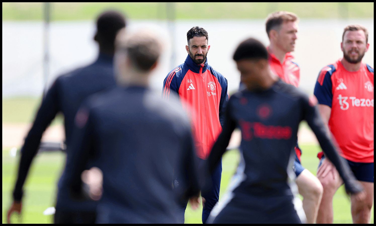 Ruben Amorim looks on in Man United training at Carrington.