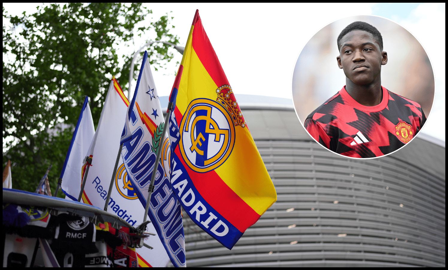 Flags are on display outside the Santiago Bernabeu Stadium.