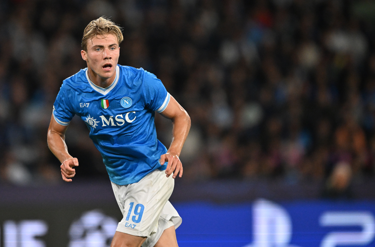 Rasmus Hojlund looks on while in action for Napoli.