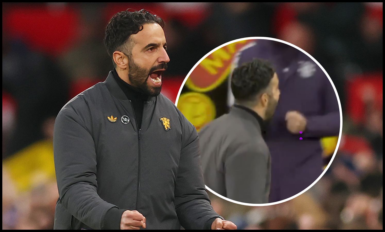 Ruben Amorim pumps his fists in celebration next to a picture of himself.