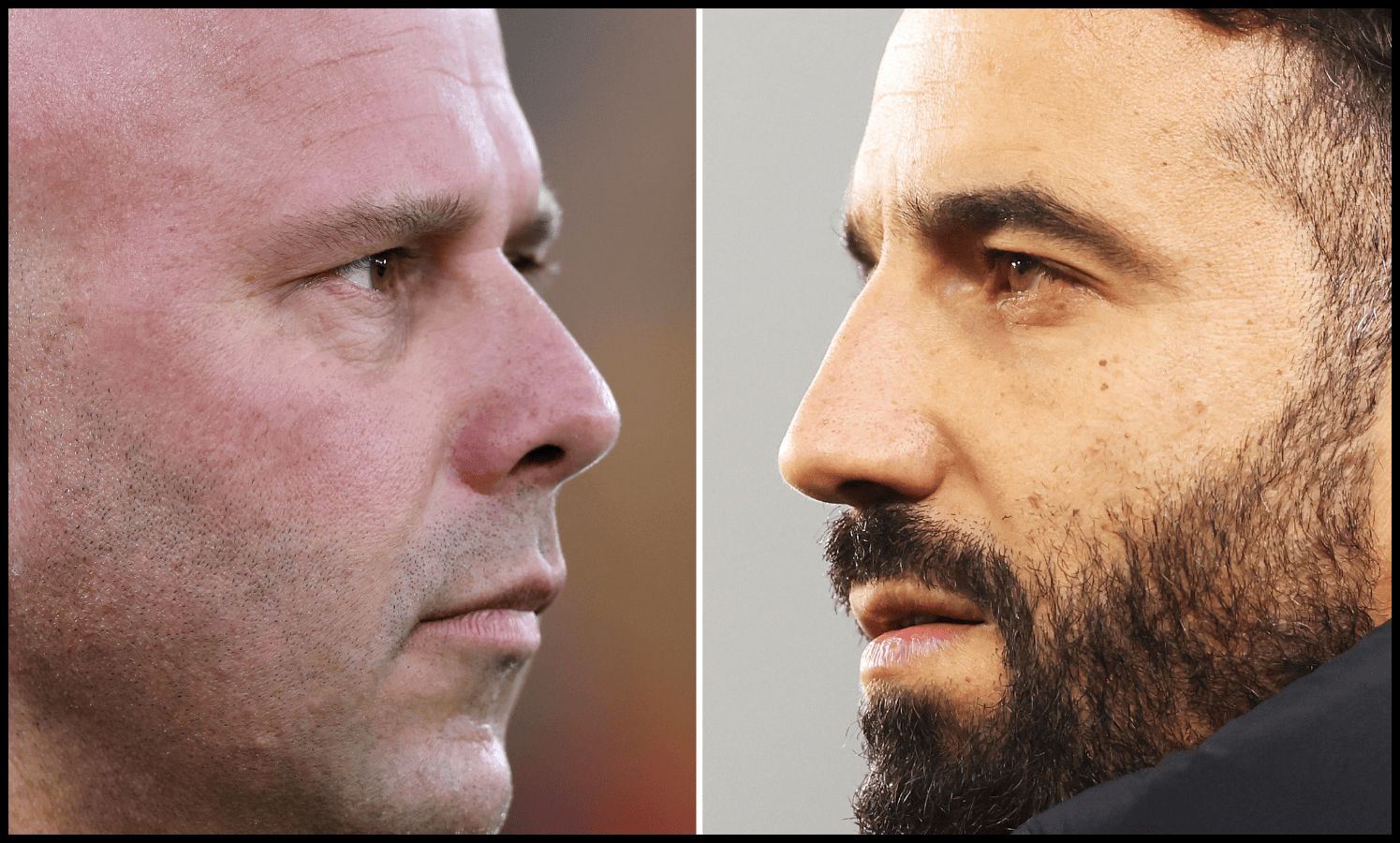 A side by side of Arne Slot and Ruben Amorim.