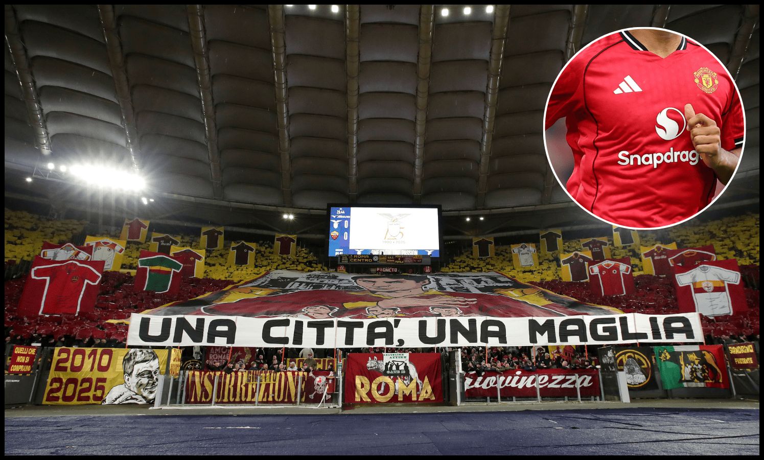Roma fans raise a tifo before their clash with Lazio.