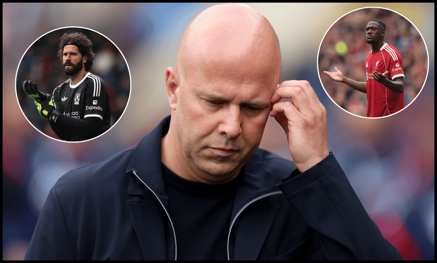 Arne Slot scratches his head whilst on the touchline.