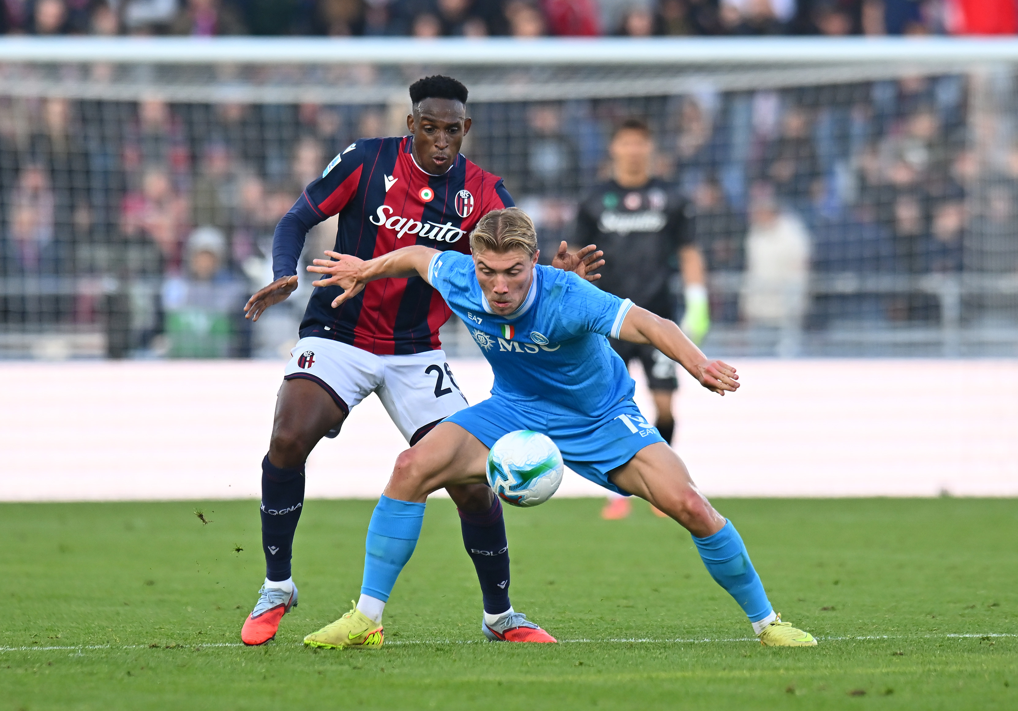 Rasmus Hojlund shields the ball while in action for Napoli against Bologna.