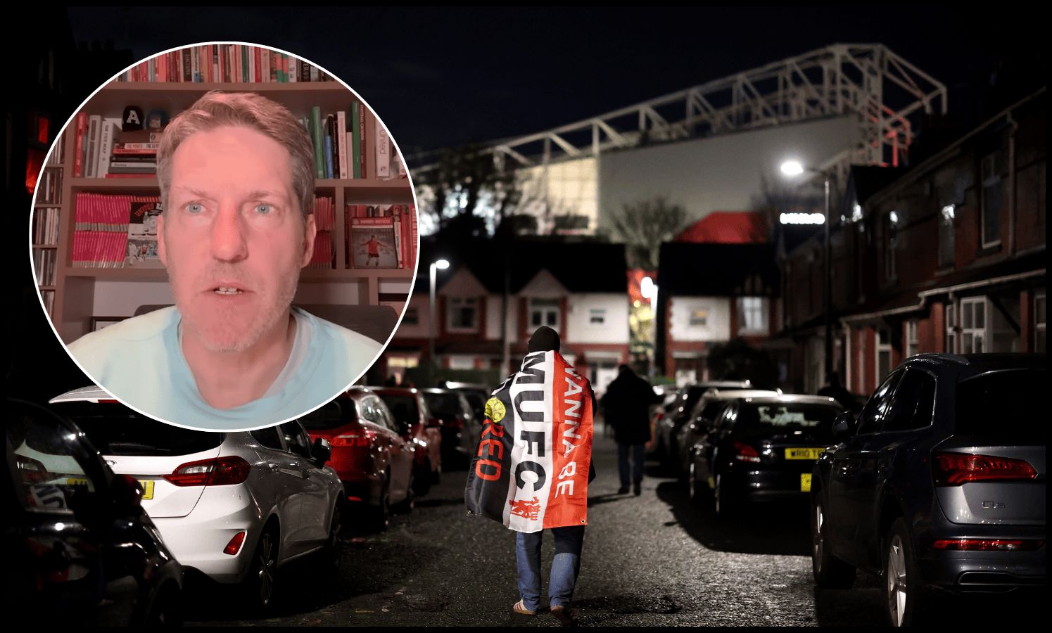 A Ma nUnited fan makes his way to Old Trafford draped in a flag.