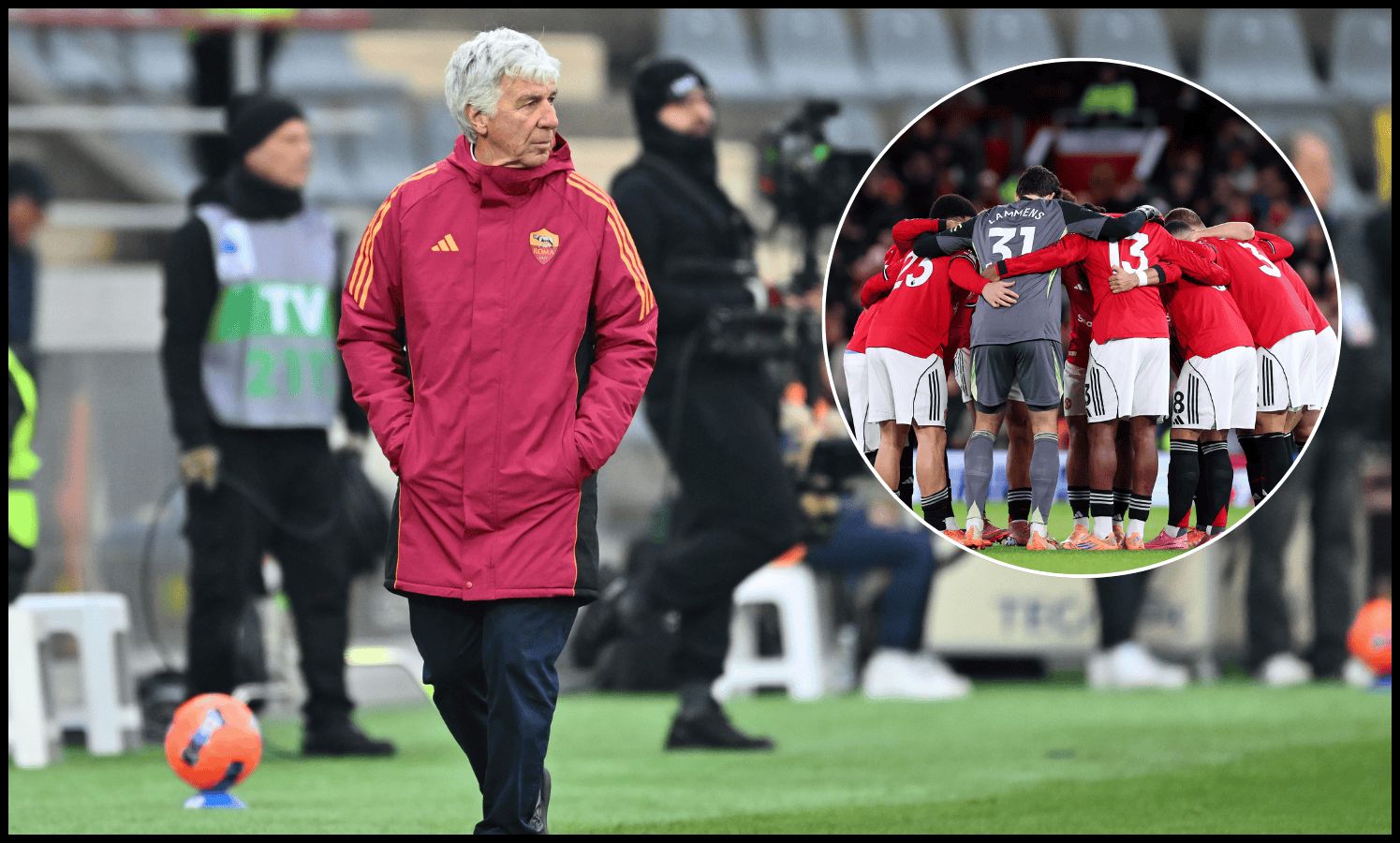AS Roma manager Gian Piero Gasperini watches on from the touchline.