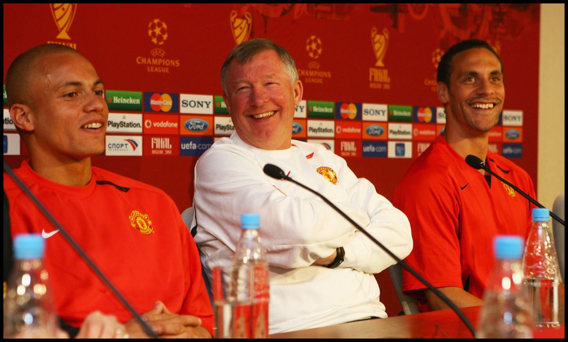 Sir Alex Ferguson in a press conference with Wes Brown and Rio Ferdinand