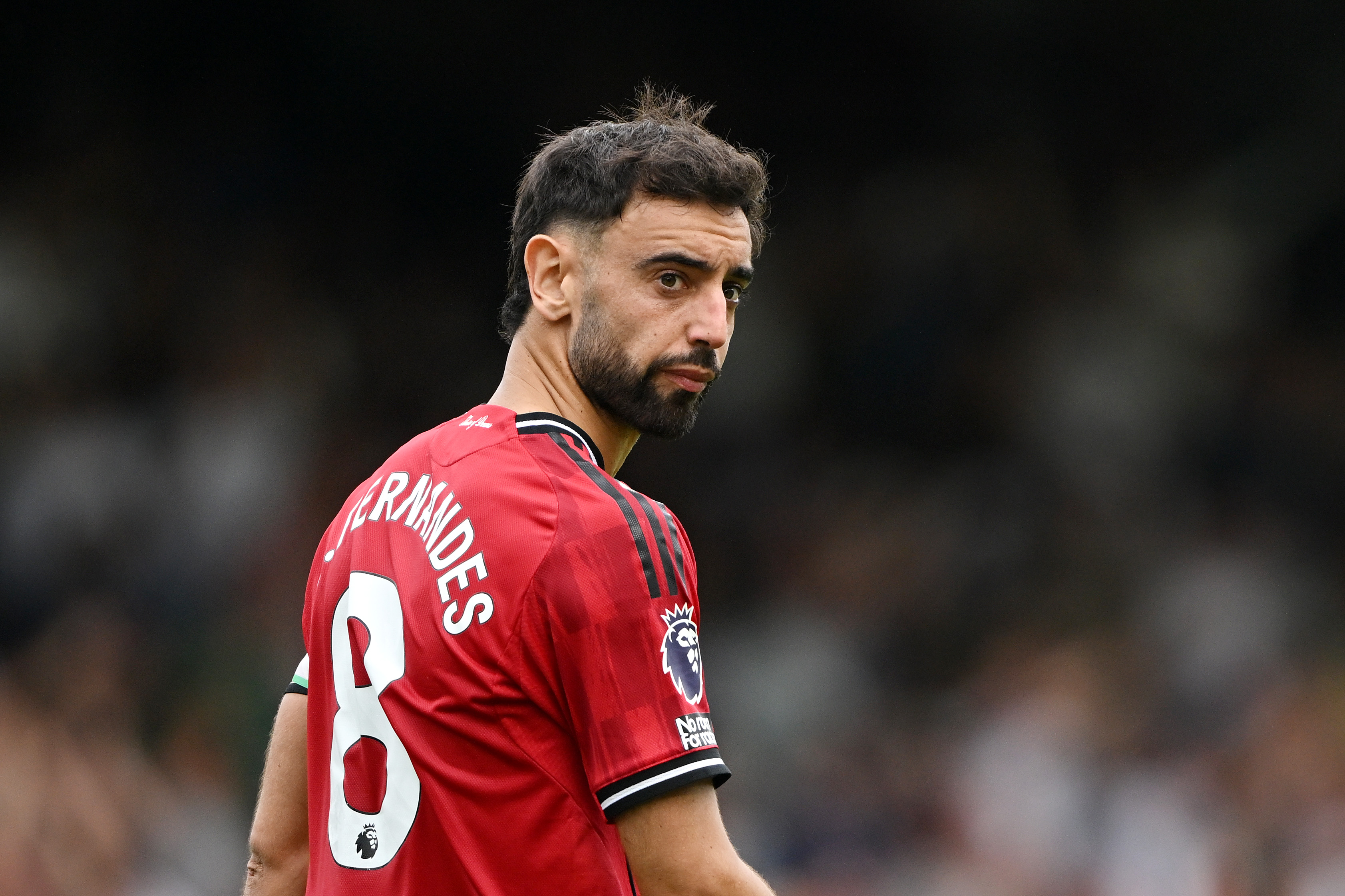Bruno Fernandes looks back after missing a penalty against Fulham.