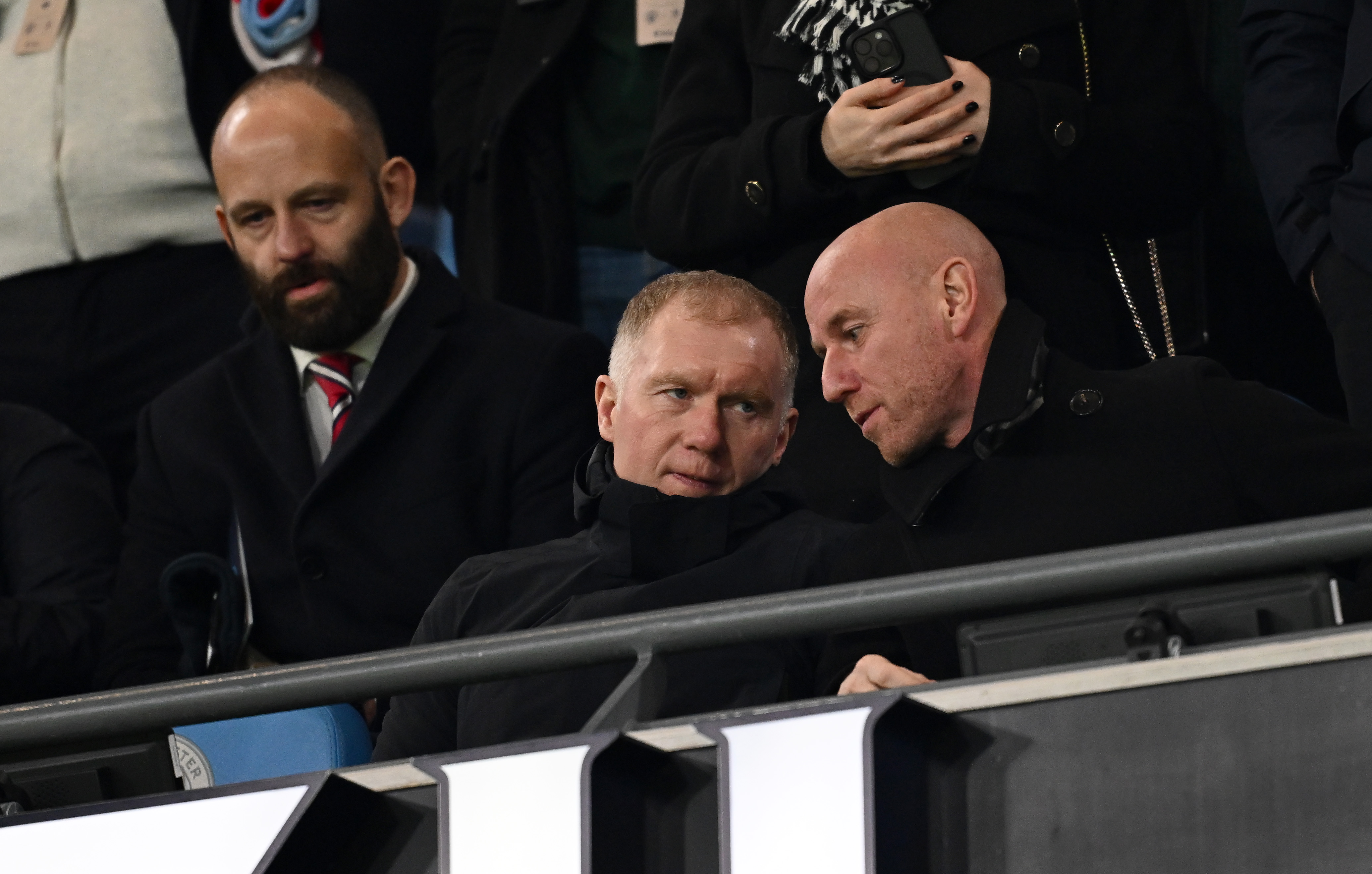 Paul Scholes and Nicky Butt chat while watching Salford City.