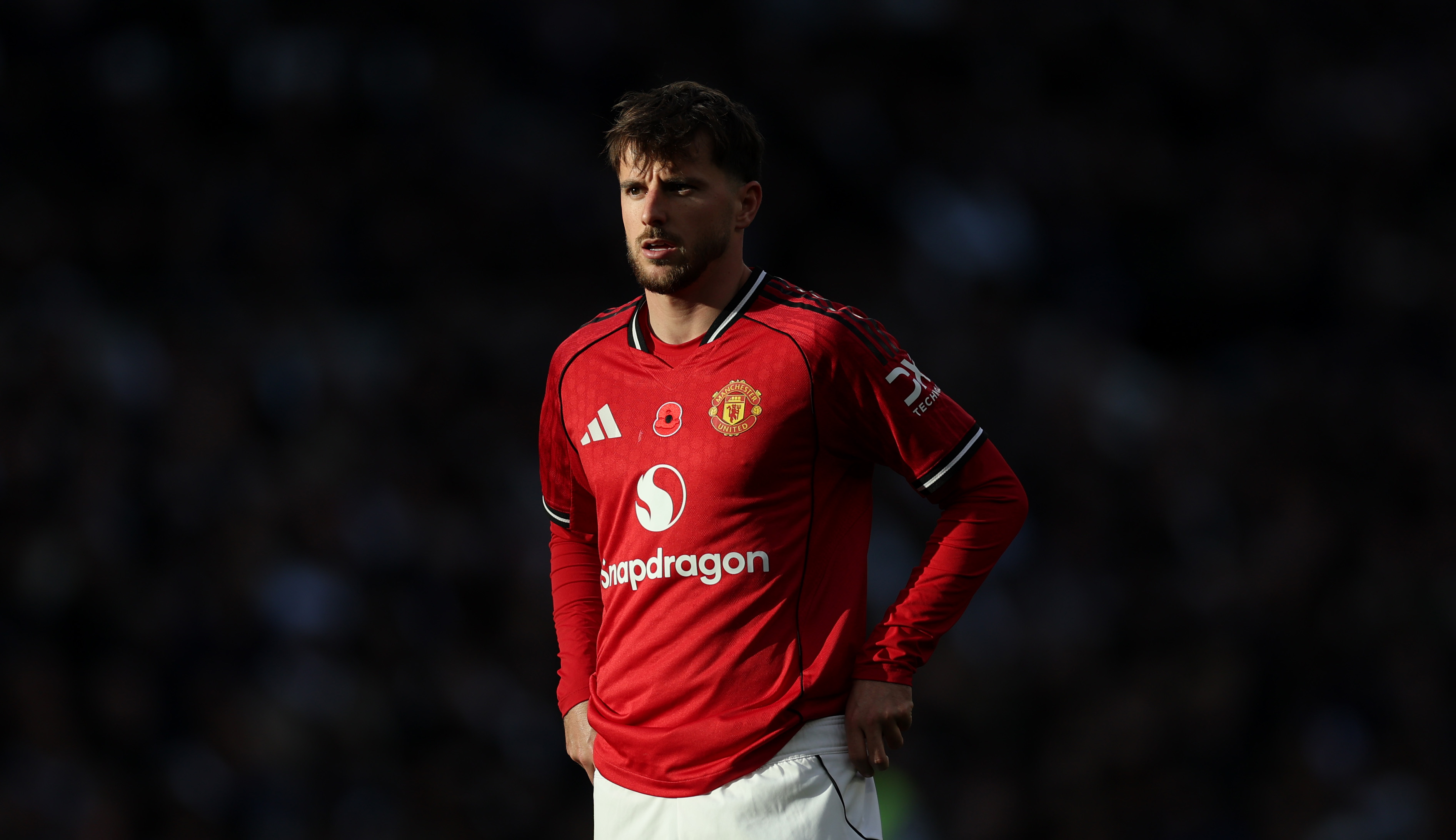 Mason Mount looks on while in action for Man United against Tottenham.