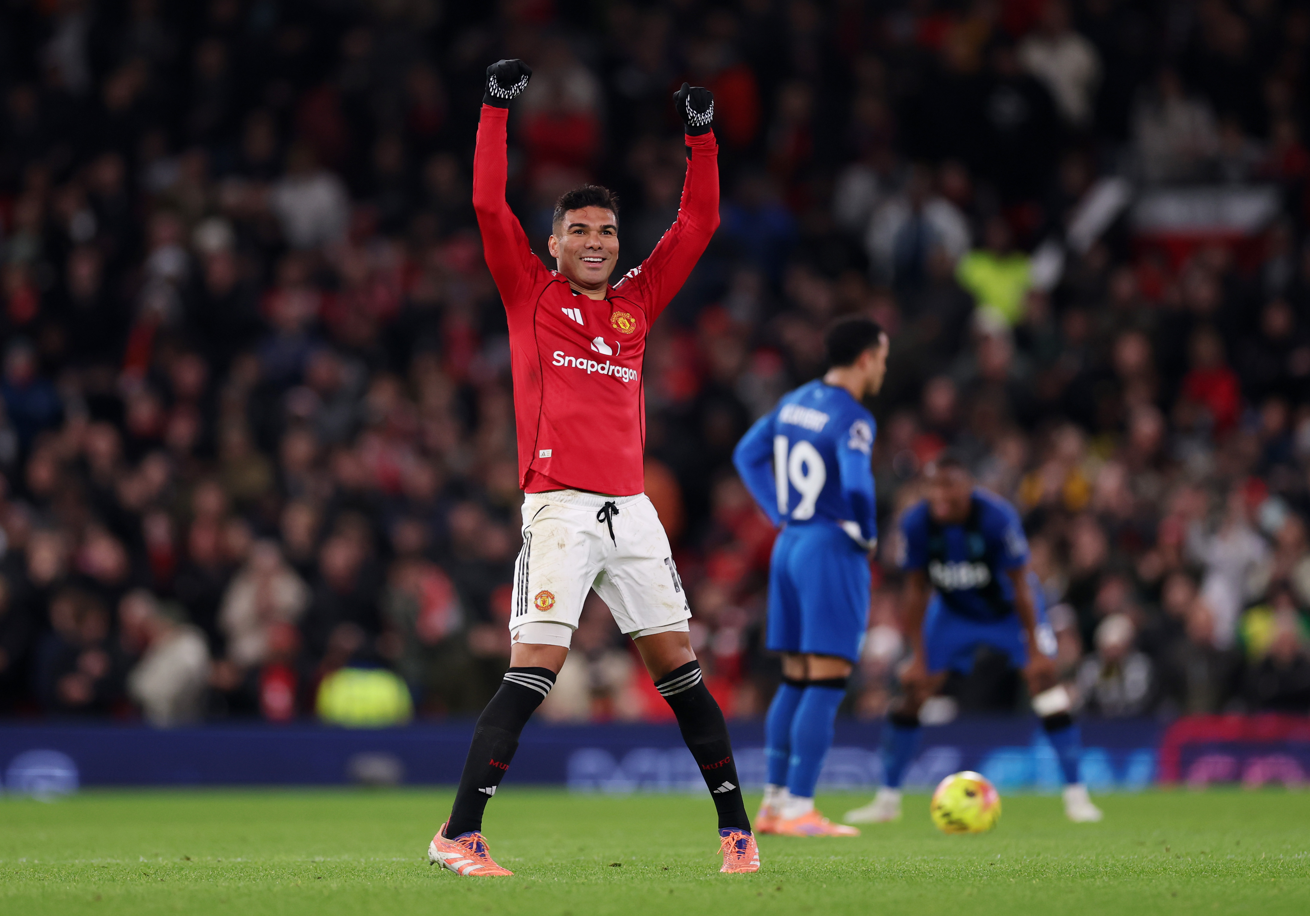 Casemiro celebrates after scoring vs Bournemouth.