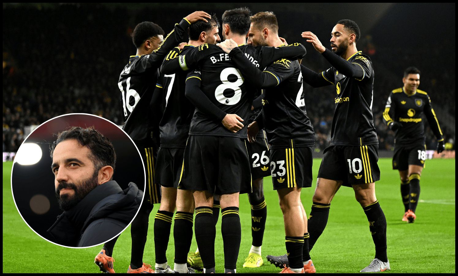 Man United players celebrate with Mason Mount after his goal vs Wolves.
