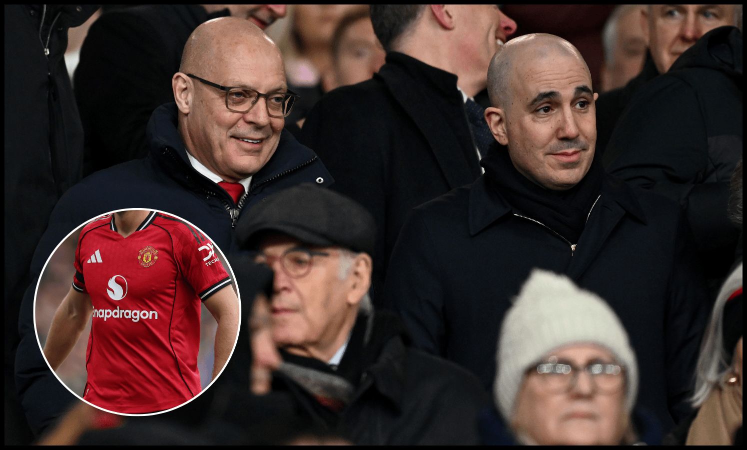 Man United chiefs Dave Brailsford and Omar Berrada watch on from the stands.