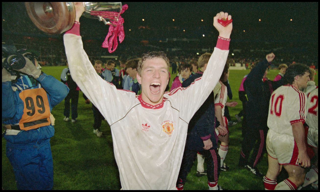 Lee Sharpe celebrates winning the European Cup Winners' Cup