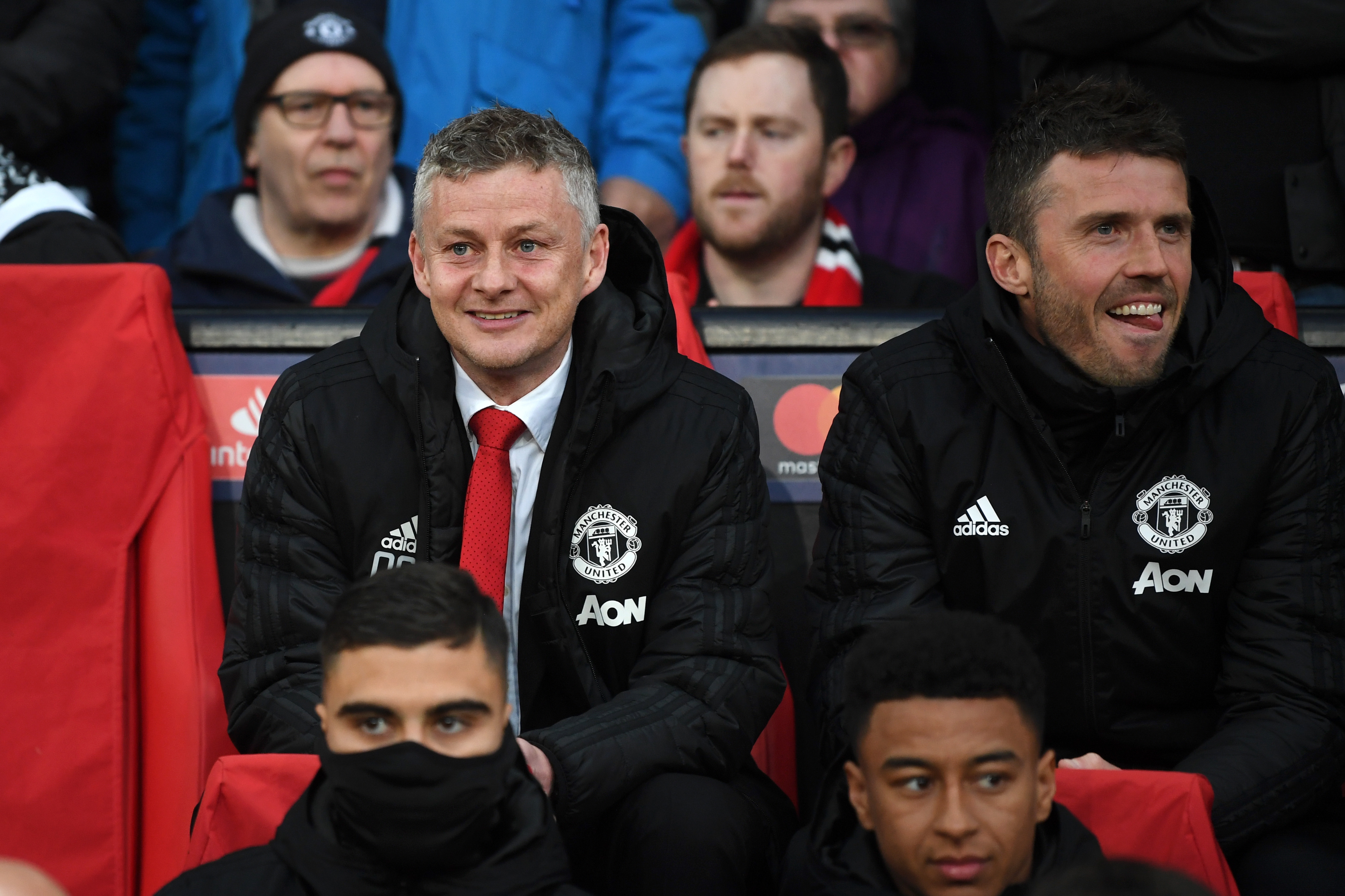 MANCHESTER, ENGLAND - APRIL 10: Ole Gunnar Solskjaer, Manager of Manchester United and Michael Carrick, Manchester United coach look on prior to the UEFA Champions League Quarter Final first leg match between Manchester United and FC Barcelona at Old Trafford on April 10, 2019 in Manchester, England.