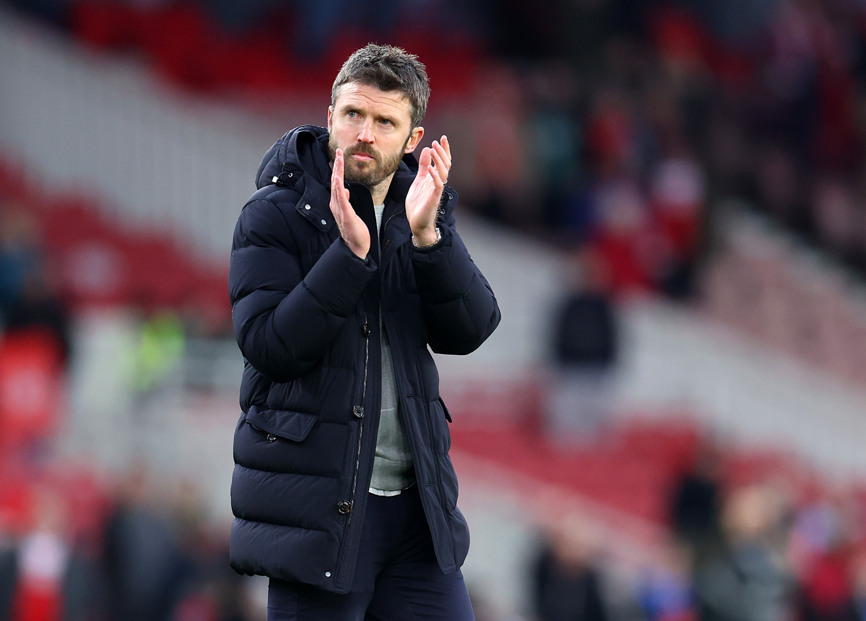 MIDDLESBROUGH, ENGLAND - MARCH 01: Michael Carrick, Manager of Middlesbrough, reacts after the Sky Bet Championship match between Middlesbrough FC and Derby County FC at Riverside Stadium on March 01, 2025 in Middlesbrough, England. 