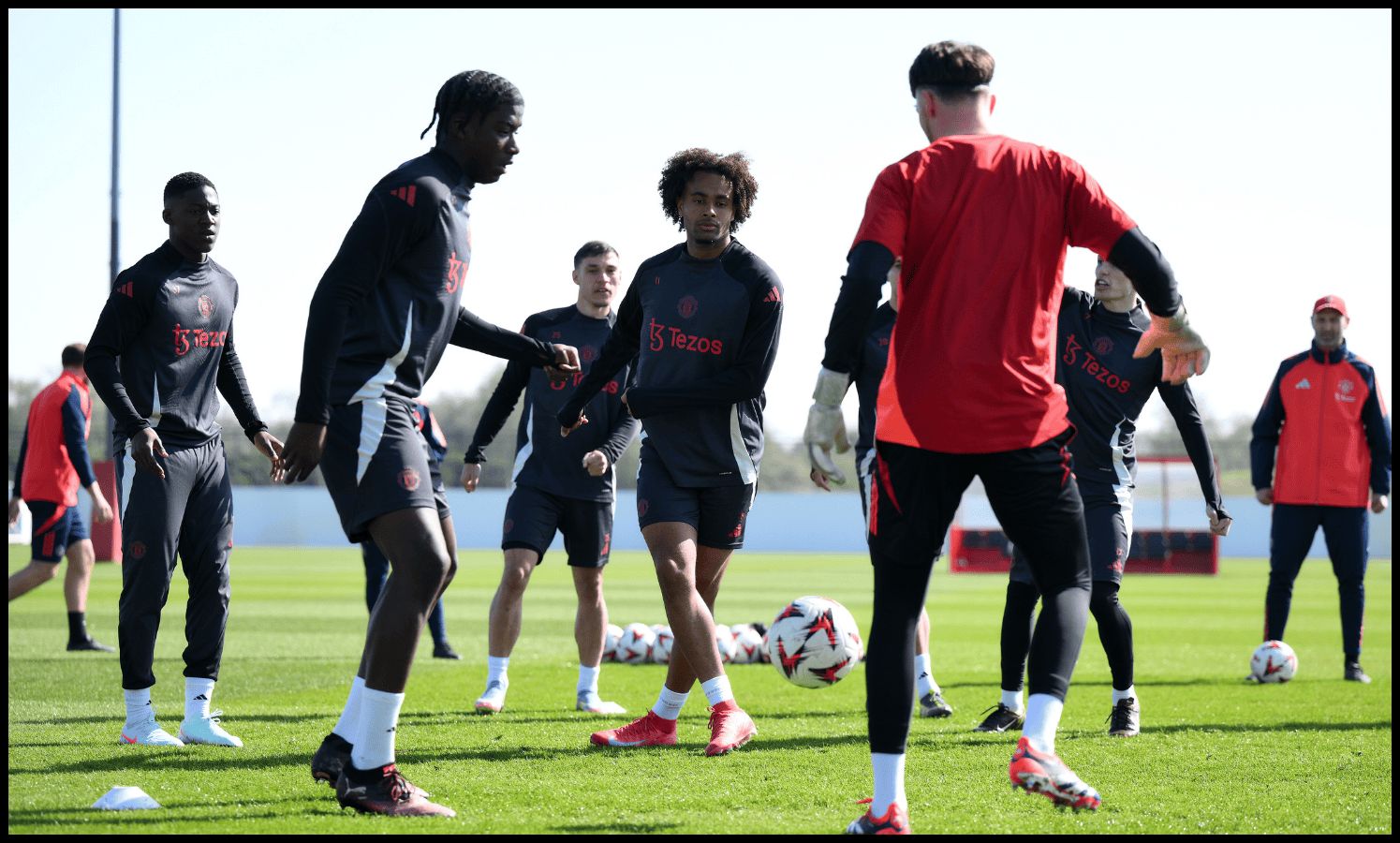 MANCHESTER, ENGLAND - APRIL 09: Joshua Zirkzee of Manchester United kicks the ball during a training session ahead of their UEFA Europa League 2024/25 quarter final first leg match at Carrington Training Ground on April 09, 2025 in Manchester, England. (Photo by Ben Roberts Photo/Getty Images)