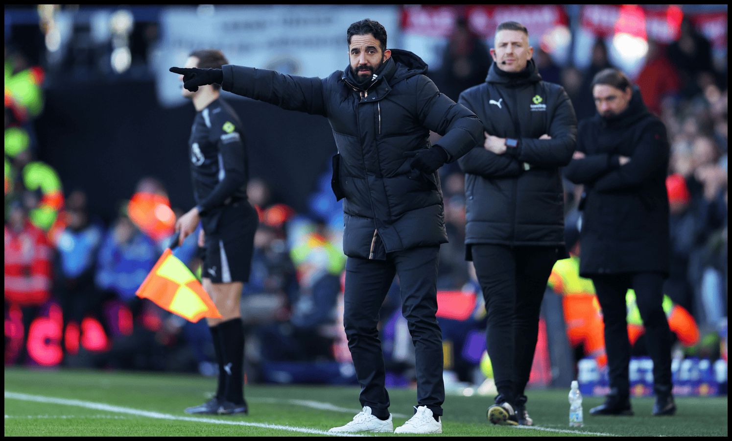Ruben Amorim gestures to his players from the touchline at Elland Road.