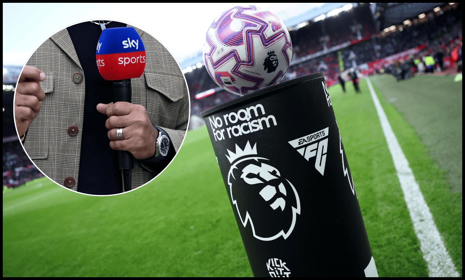 MANCHESTER, ENGLAND - OCTOBER 25: General view of the Puma Orbita Ultimate match ball on a 'No Room For Racism' plinth prior to the Premier League match between Manchester United and Brighton & Hove Albion at Old Trafford on October 25, 2025 in Manchester, England.