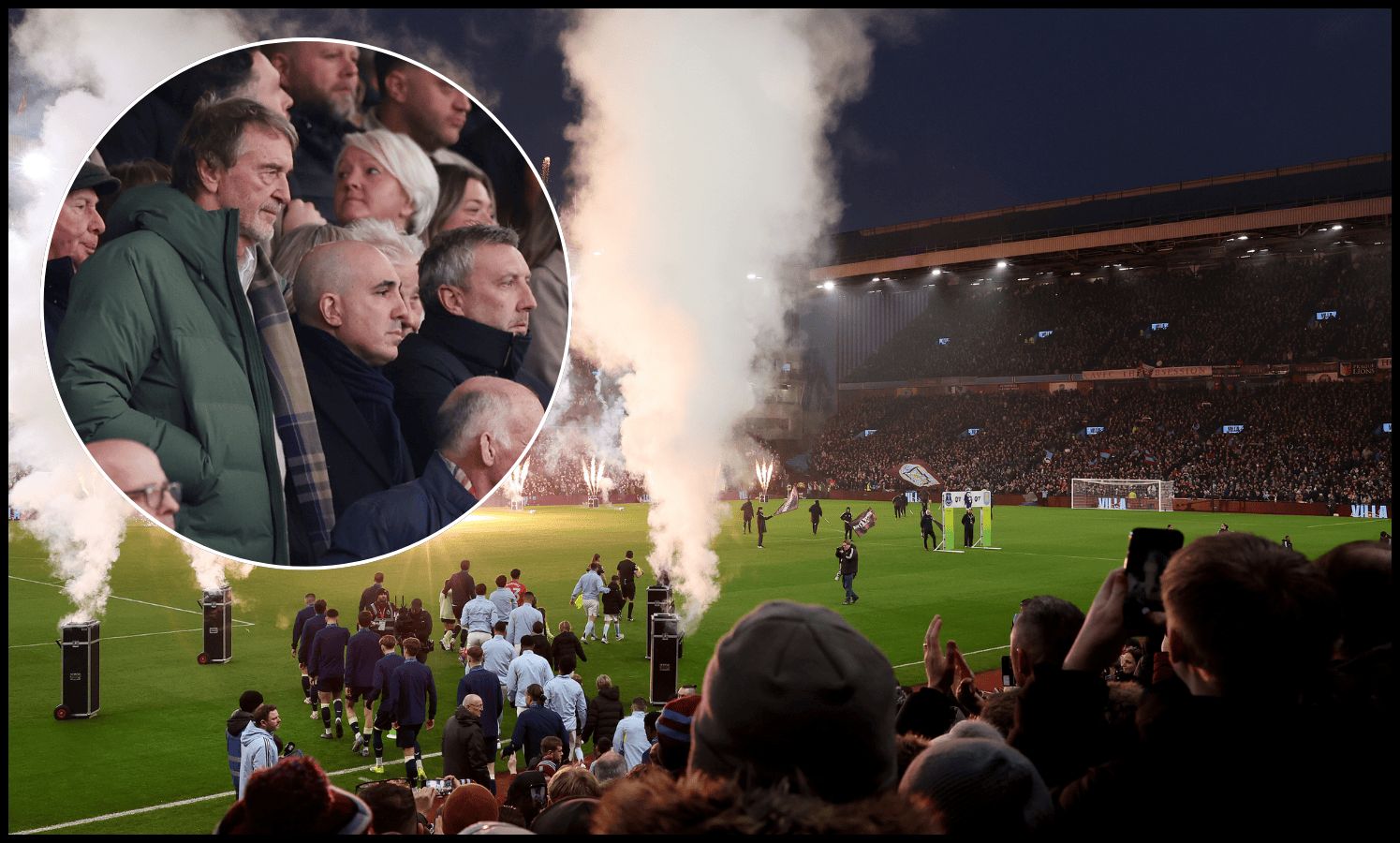 Aston Villa and Everton players walk out at Villa Park.