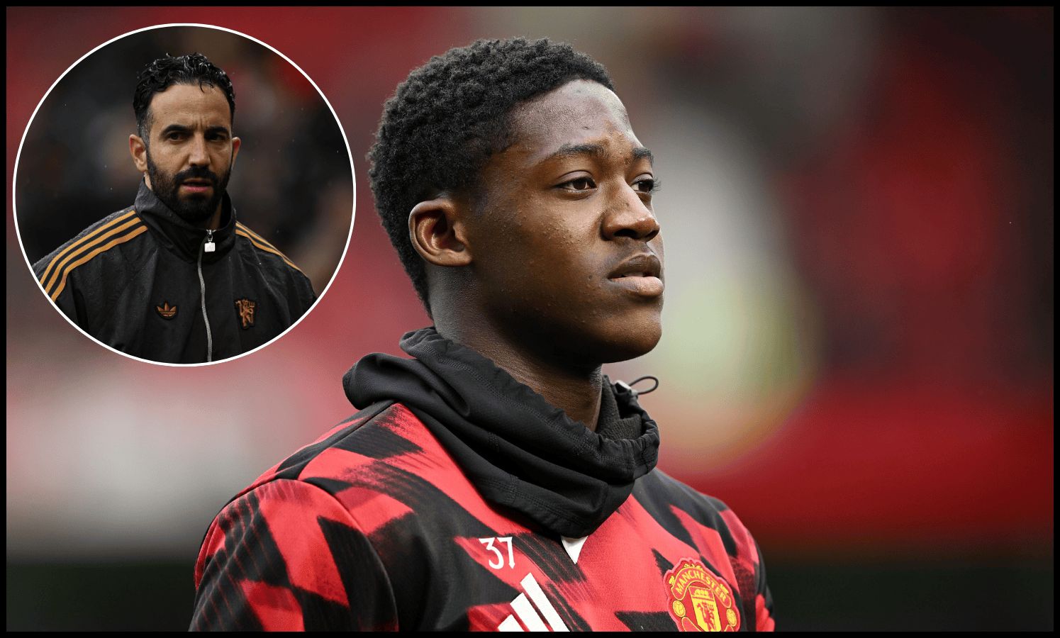 Kobbie Mainoo looks on while warming up.