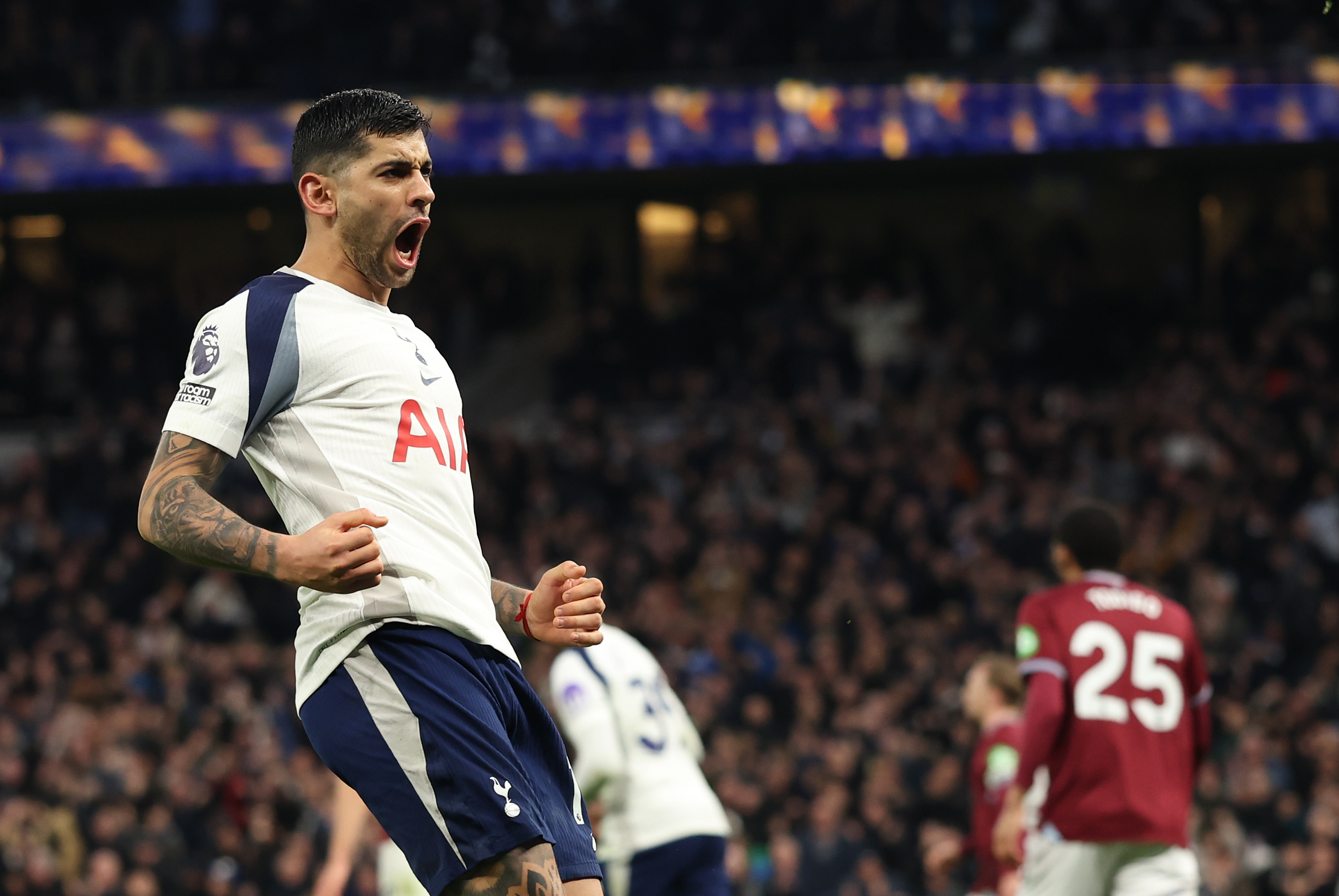 Cristian Romero celebrates scoring vs West Ham.