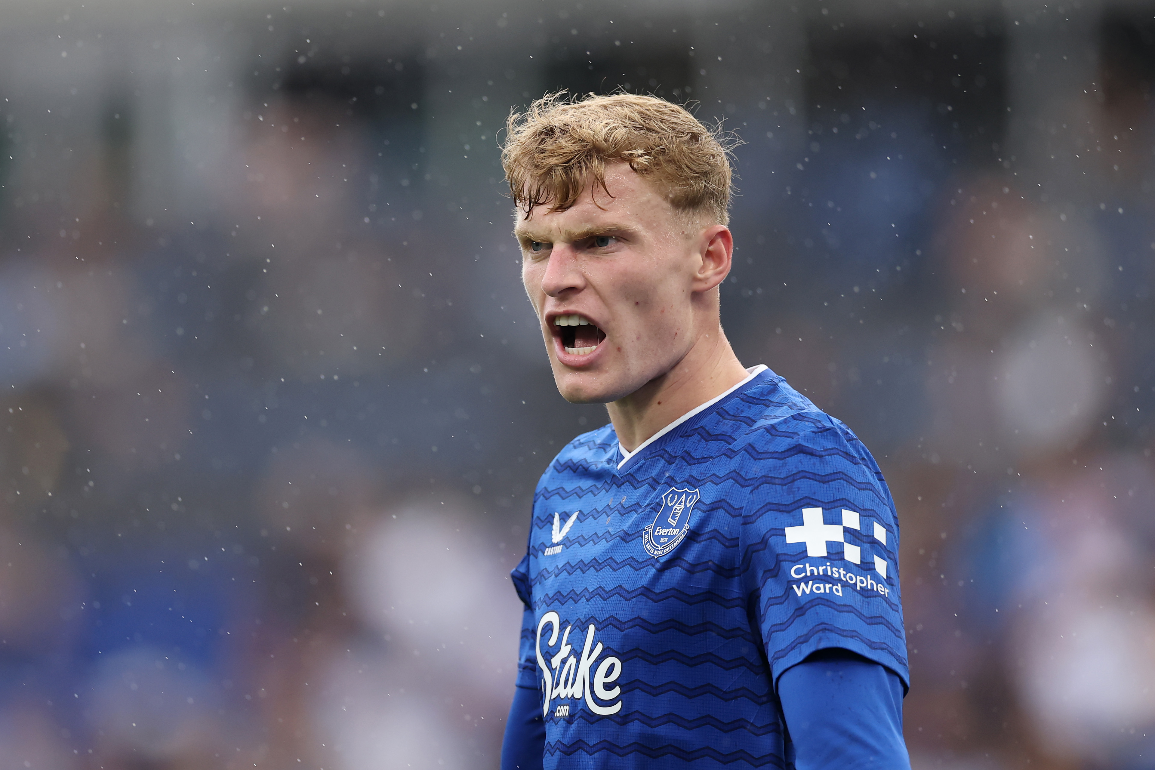 Jarrad Branthwaite shouts while in action for Everton