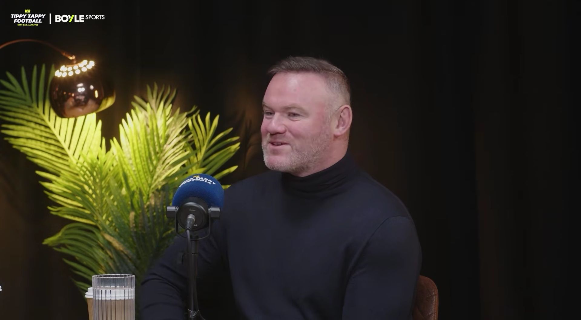 Wayne Rooney speaks into a microphone with a plant to his left.