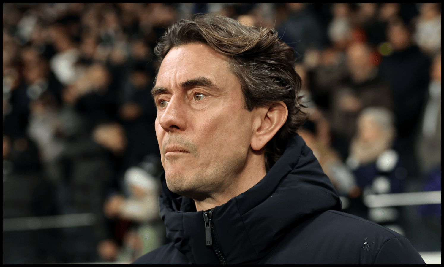 Thomas Frank looks on ahead of kick-off between Frankfurt and Spurs.