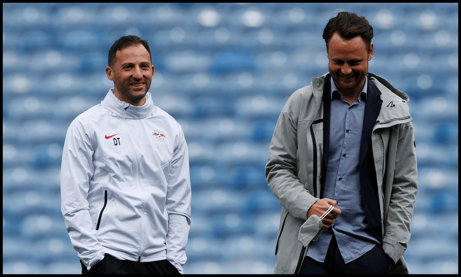 GLASGOW, SCOTLAND - MAY 04: Domenico Tedesco, Head Coach of RB Leipzig speaks with Christopher Vivell, Technical Director of RB Leipzig during a RB Leipzig Training Session at Ibrox Stadium on May 04, 2022 in Glasgow, Scotland. RB Leipzig will play their UEFA Europa League Semi-final Second Leg match against Rangers on May 05, 2022 in Glasgow, Scotland.