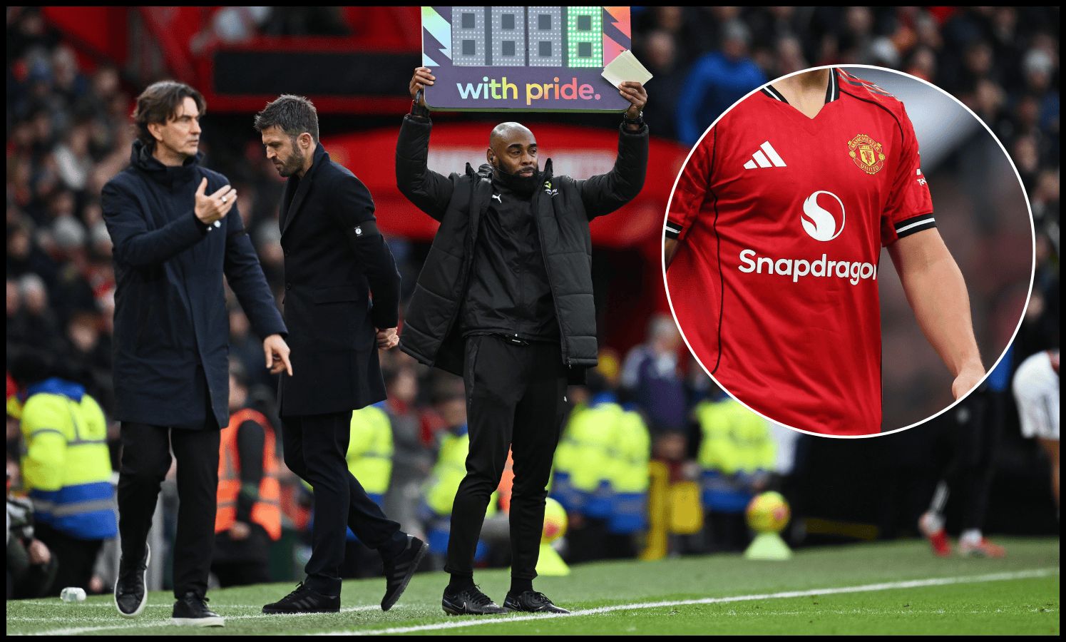 MANCHESTER, ENGLAND - FEBRUARY 07: The fourth official holds up the With Pride branded substitution board during the Premier League match between Manchester United and Tottenham Hotspur at Old Trafford on February 07, 2026 in Manchester, England. (Photo by Gareth Copley/Getty Images)