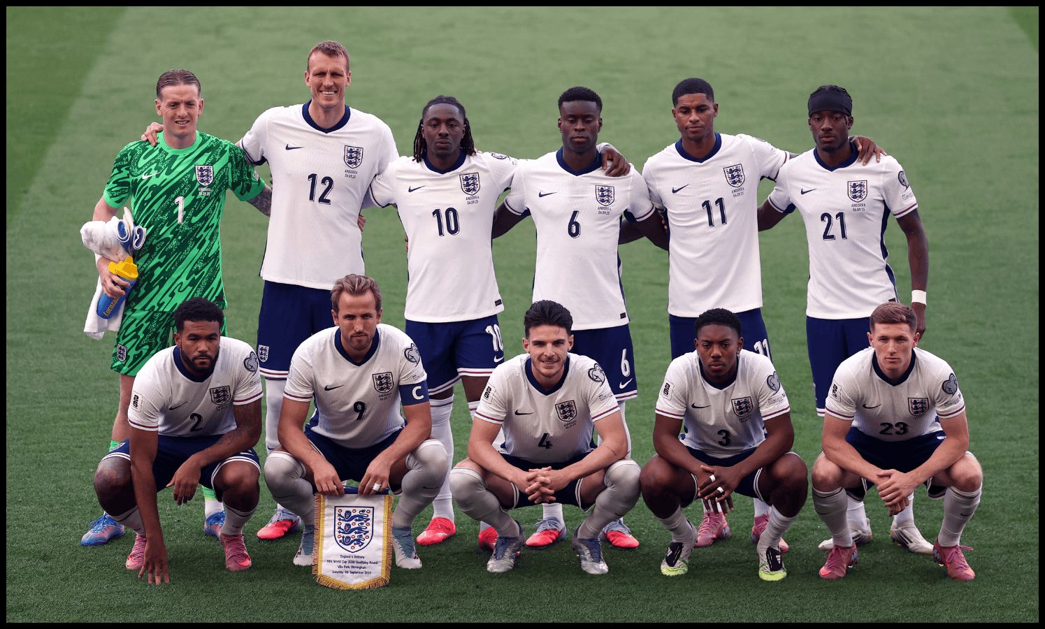 BIRMINGHAM, ENGLAND - SEPTEMBER 06: Players of England pose for a team photo prior to the FIFA World Cup 2026 qualifier match between England and Andorra at Villa Park on September 06, 2025 in Birmingham, England