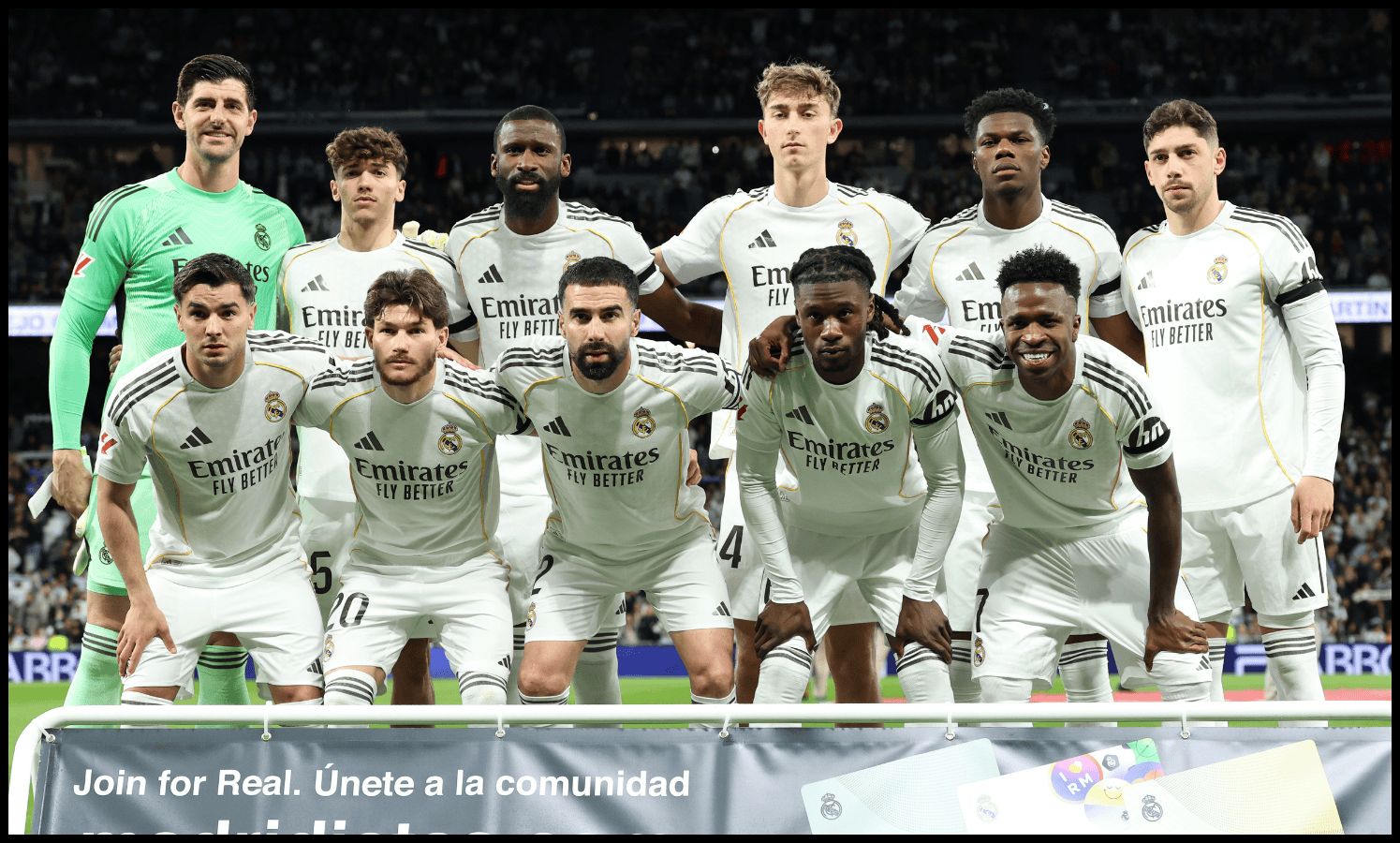 MADRID, SPAIN - MARCH 14: Real Madrid players pose for a team photograph prior to the LaLiga EA Sports match between Real Madrid CF and Elche CF at Estadio Santiago Bernabeu on March 14, 2026 in Madrid, Spain.