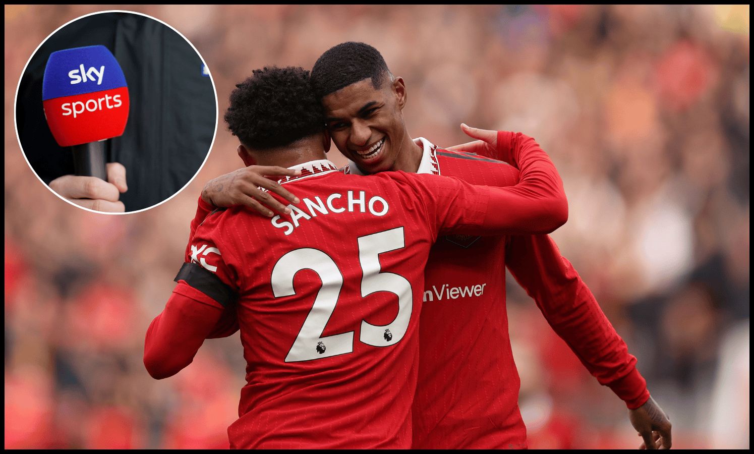 MANCHESTER, ENGLAND - FEBRUARY 19: Marcus Rasford of Manchester United celebrates with Jadon Sancho after scoring the second goal during the Premier League match between Manchester United and Leicester City at Old Trafford on February 19, 2023 in Manchester, England.