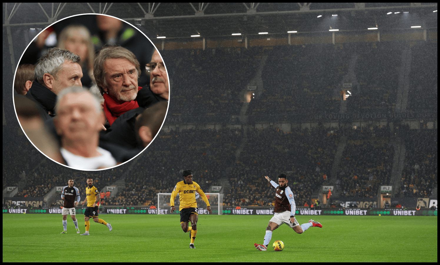 WOLVERHAMPTON, ENGLAND - FEBRUARY 27: A general view as Douglas Luiz of Aston Villa crosses the ball inside the stadium during the Premier League match between Wolverhampton Wanderers and Aston Villa at Molineux on February 27, 2026 in Wolverhampton, England