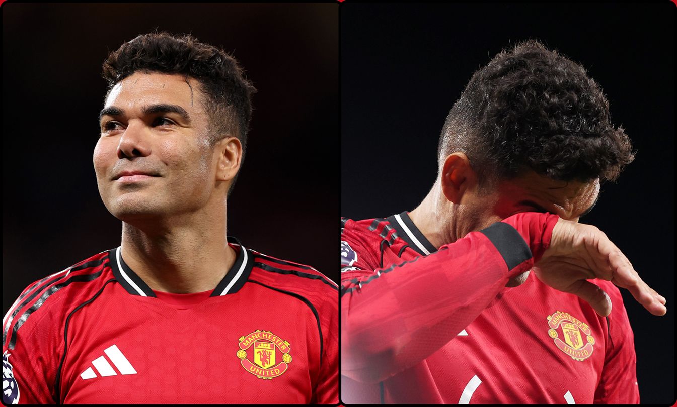 Manchester United midfielder Casemiro looks happy in one picture and wipes his face in another picture.