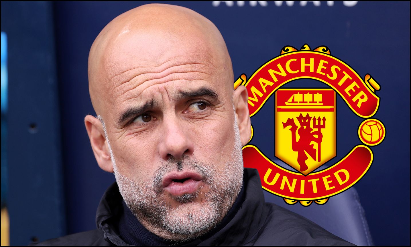 Man City head coach Pep Guardiola looks on next to Manchester United logo.