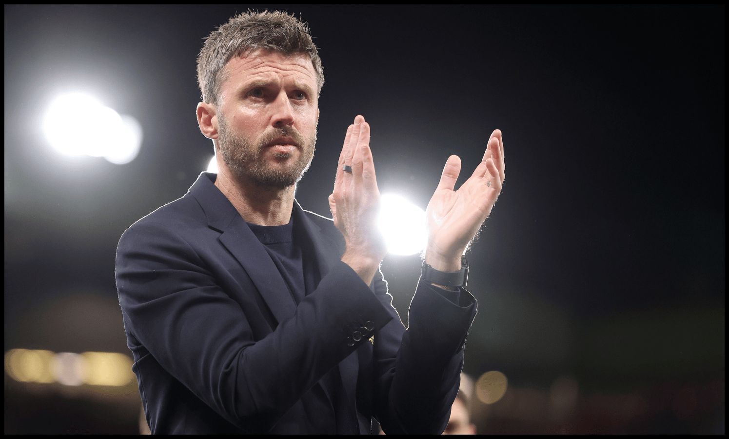 MANCHESTER, ENGLAND - APRIL 27: Michael Carrick, Manager of Manchester United, acknowledges the fans following the Premier League match between Manchester United and Brentford at Old Trafford on April 27, 2026 in Manchester, England.