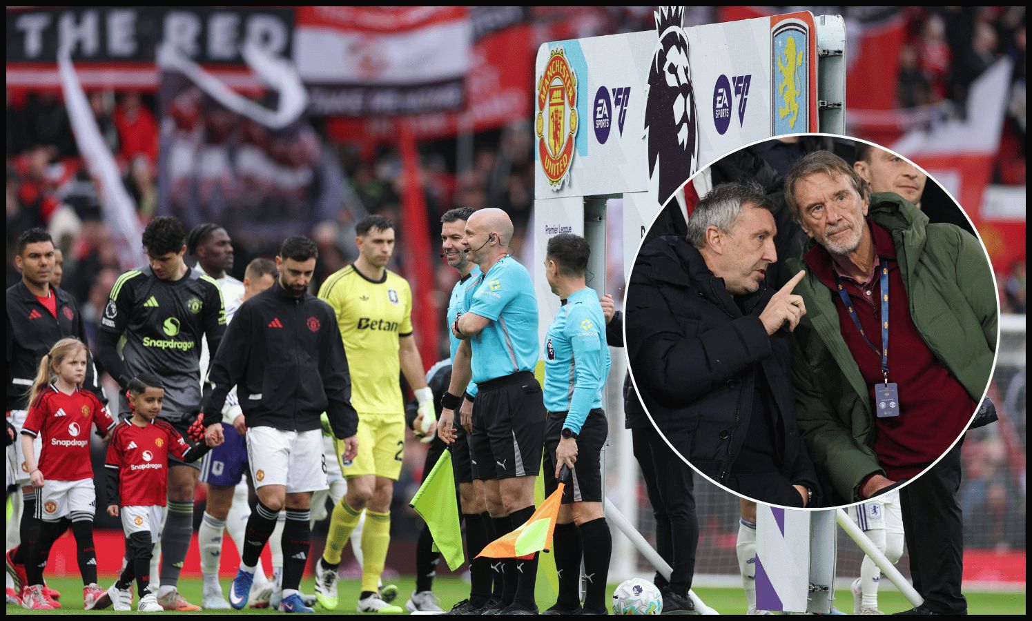 MANCHESTER, ENGLAND - MARCH 15: A general view of the Premier League 'More Than A Game' campaign's handshake board as players of Manchester United and Aston Villa line up prior to the Premier League match between Manchester United and Aston Villa at Old Trafford on March 15, 2026 in Manchester, England